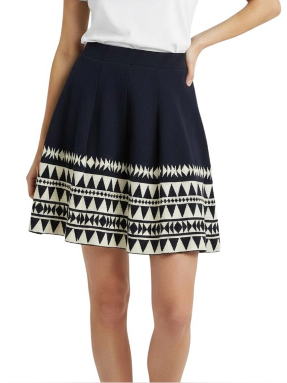 Francesca’s AINA BE A-line Knit Mini Skirt Navy Cream Geometric Print NWT Size S